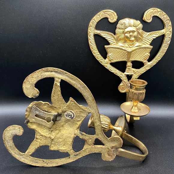 Candle Sconce x2 brass, christmas cherub with song book, VTG 1970s India - Picture 3 of 4
